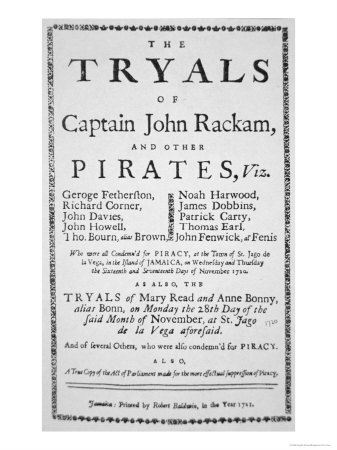 Manifesto d'annuncio del processo a John Rackham e ai suoi pirati e, in udienza a parte, a Mary Read ed Anne Bonny detta Bonn (1721).