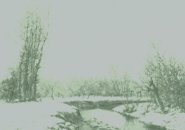 rivière sous la neige et dans la brume