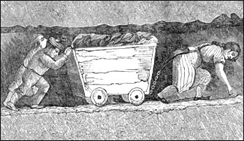 A hurrier and two thrusters heaving a corf full of coal, England 1853