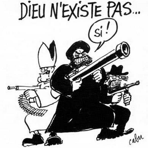Vignetta pubblicata sul Charlie Hebdo. L’autore è Jean Cabut, in arte Cabu (1938-2015), disegnatore del settimanale satirico, assassinato nell’attentato terroristico dello scorso 7 gennaio.