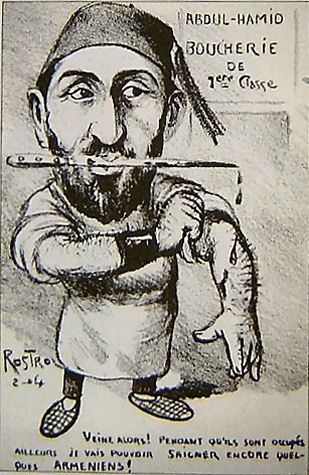 Immagine caricaturale in una rivista politica dell'epoca che mostra il Sultano Abdul Hamid II in veste di macellaio
