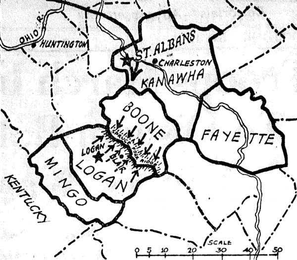 Short arrows indicate the location of fighting between union and nonunion forces. The long arrow shows federal troop movement.