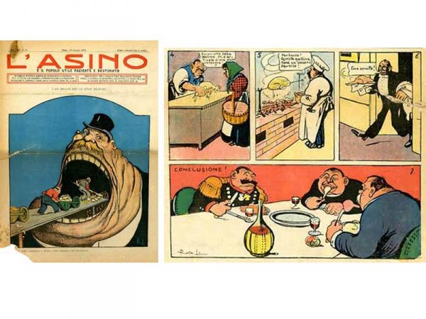 Una copertina ed una striscia de “L’Asino”