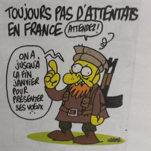 Una delle ultime vignette di Charb, Stéphane Charbonnier, disegnatore del Charlie Hebdo e suo direttore dal 2009. E’ stato ucciso anche lui insieme ad altri vignettisti (Cabu, Tignous e Georges Wolinski), altri membri e ospiti della redazione, personale del giornale e poliziotti.