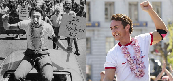 Harvey Milk (a sinistra) come interpretato da Sean Penn (a ‎destra)