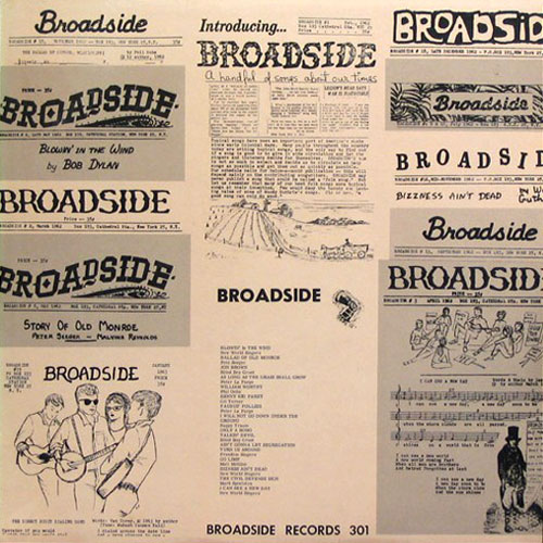 Collage di prime pagine del  Broadside Magazine sulla cover di un disco del 1963.