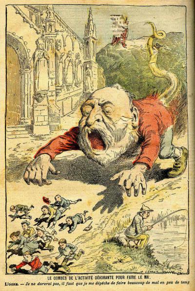 Émile Combes, visto – al solito – come mostro che mangia bambini (all’uscita dalla chiesa). Caricatura di Achille Lemot (1902)