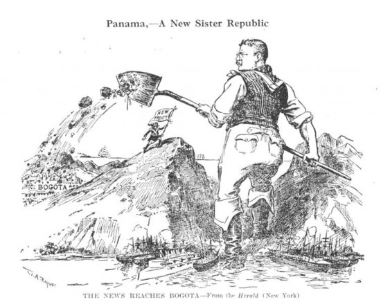Vignetta dell’epoca che mostra il presidente statunitense Roosevelt intento a scavare il canale di Panama e a seppellire la Colombia, cui lo aveva appena rubato.