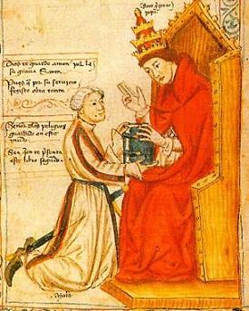 Don Pedro de Ayala si inginocchia al cospetto di San Gregorio. Miniatura dai Morales di S. Gregorio (Commento al Libro di Giobbe)