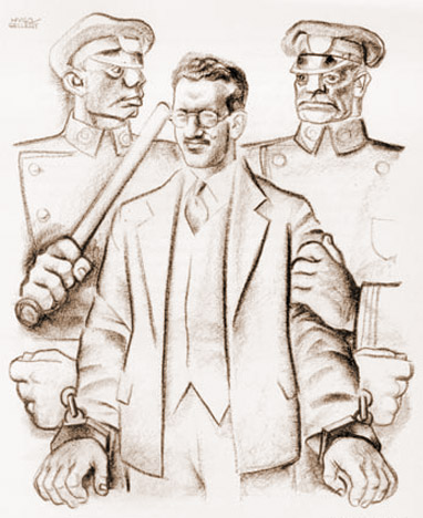 L’arresto di Morris Schappes nel 1941, disegno di Hugo Gellert, illustratore americano di origine ungherese.