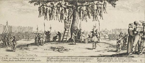 Jacques Callot, "Les Grandes Misères de la guerre: La pendaison", acquaforte, 1633