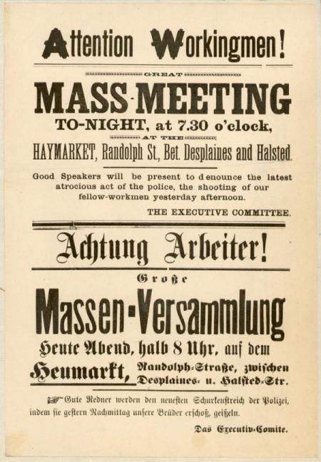 La convocazione del meeting di Haymarket Square, in inglese e tedesco.