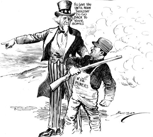 Political cartoon with Uncle Sam saying to the miners: "I'll give you until noon Thursday to go back to your home".