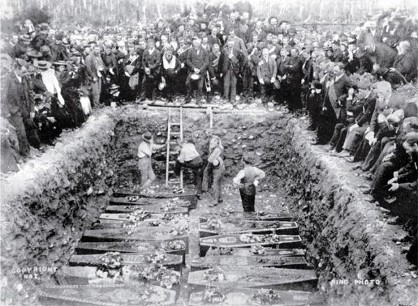 Mass funeral service for the victims of the Brunner mining disaster, New Zealand 1896