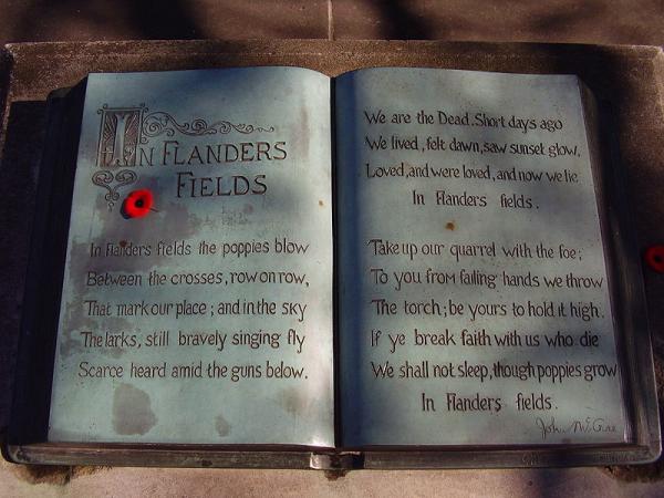 Inscription of the complete poem in a bronze "book" at the John McCrae memorial at his birthplace in Guelph, Ontario, Canada.