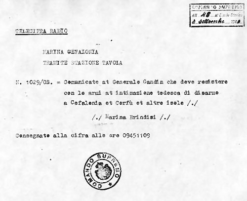 L'ordine inviato da Brindisi a Gandin il 11 settembre 1943
