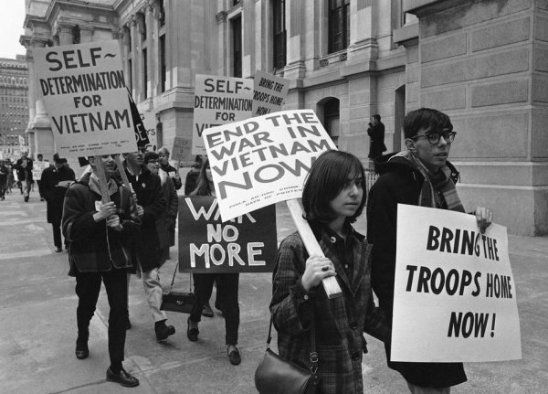 Pickets demonstrating against the Vietnam War as they march through downtown Philadelphia, Pa, March, 26 1966. (AP Photo/Bill Ingraham)