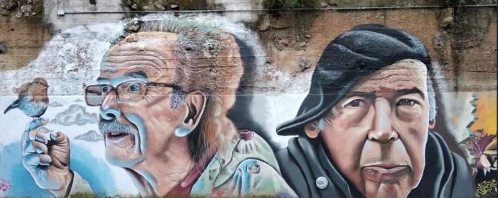 Joxean Artze e Mikel Laboa ritratti in un mural
