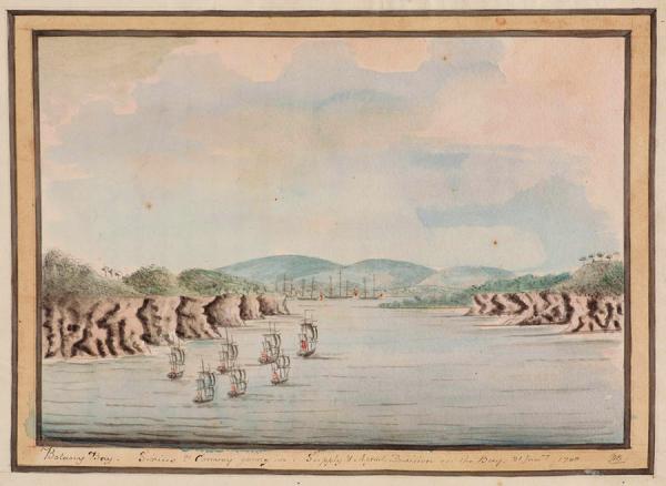 Il convoglio &ldquo;First Fleet&rdquo; entra in Botany Bay, 1788. Disegno del tenente William Bradley.
