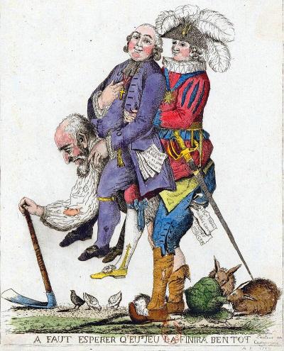 A symbolic image of three orders of feudal society in Europe prior to the French Revolution, which shows the rural third estate carrying the clergy and the nobility