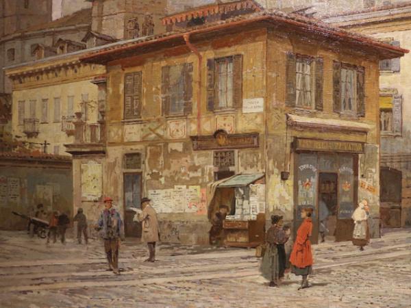 Piazza della Vetra vers 1900<br />
(n'est-ce pas la Rina en manteau rouge ?)