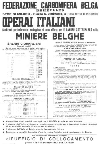 Uno dei manifesti affissi dal governo italiano completo di "allettanti" proposte,  come viaggio in treno e carbone gratis, etc.