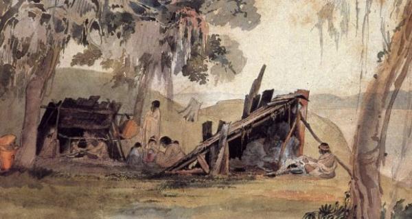 circa 1833: A Choctaw Indian encampment on the Mississippi River. Original Artwork: Painting by Karl Bodmer. (Photo by MPI/Getty Images)