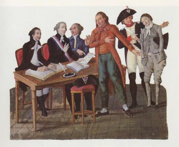 Pierre-Etienne Le Sueur, “Requisizione dei giovani per la guerra”, acquerello. Anni Novanta del XVIII secolo, Musée Carnavalet, Parigi.