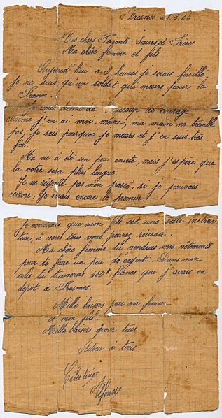 L’ultima lettera di Celestino Alfonso, scritta in francese, nella quale si legge: