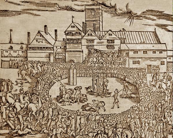Il martirio di Anne Askew, arsa viva il 16 luglio 1546 a Smithfield, insieme ad altri tre “eretici” protestanti, John Lascelles, Nicholas Belenian e John Adams.