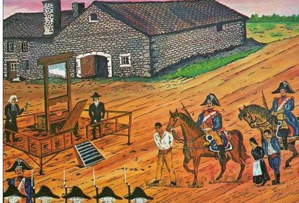 L'arrivo dei tre condannati per l'esecuzione alla locanda di Peyrebeille, il 2 ottobre 1833 (iconografia popolare, ca. 1910). Si noti Jean Rochette raffigurato come un negro.