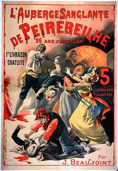 L'auberge sanglante de Peirebeilhe (si noti, curiosamente, l'esatta grafia occitana della località); Jean Rochette è, come di consueto, un negro. Litografia, J. Beaujoint, 1885.