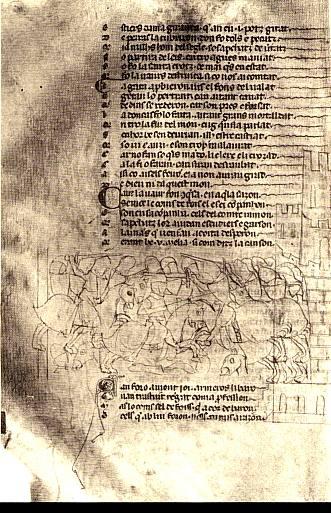 Una pagina dal codice della cd. Cançò de la crosado ("Canzone della Crociata") con l'illustrazione del Sacco di Béziers.