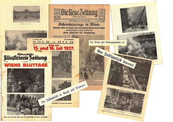 Immagini del massacro e testate dei giornali austriaci del 16 luglio 1927.