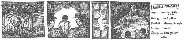 Cartoon di Andy Mason, contenuto nella copertina interna del disco, che illustra la vicenda di Lungile Tabalaza