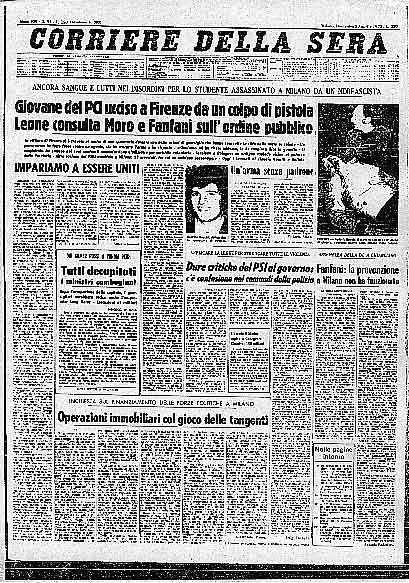 La prima pagina del Corriere della Sera del 19 aprile 1975.