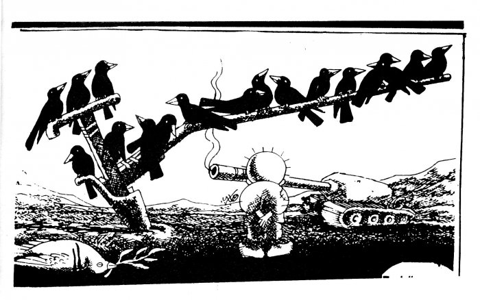 Handala e i corvi, vignetta del celebre artista palestinese Naji al-Ali, assassinato a Londra nel 1987.