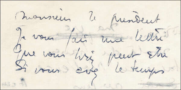 La prima quartina manoscritta del Disertore (ingrandimento).<br />
The first 4 lines from the manuscript of Le Déserteur (enlarged).<br />
Le premier couplet du manuscript du Déserteur (agrandissement).
