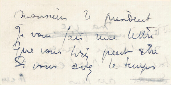 La prima quartina manoscritta del Disertore (ingrandimento).<br />
The first 4 lines from the manuscript of Le Déserteur (enlarged).<br />
Le premier couplet du manuscript du Déserteur (agrandissement).