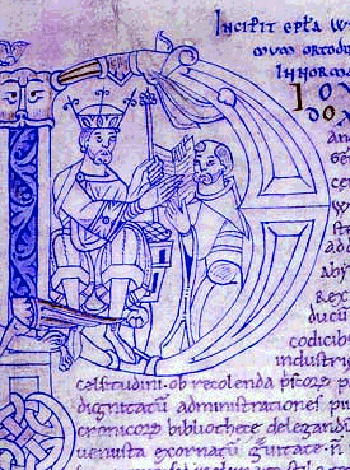 Capolettera di un manoscritto della Gesta Normannorum ducum di Guillaume de Jumièges. Si tratta di un manoscritto della 1a metà del XII secolo conservato presso l'Abbazia di Saint-Evroult, copiato dall'amanuense Orderic. 