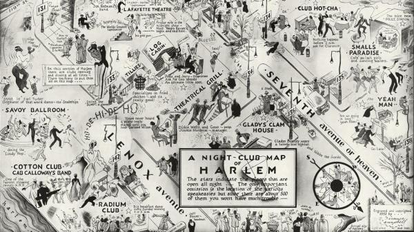 La mappa dei locali notturni ad Harlem nel 1932. Al centro il Log Cabin, ex Pod's and Jerry's , dove Billie Holiday inizio la sua carriera ad appena 15 anni.