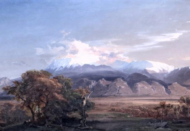 Où, rose pâle, les sommets brillent. <br />
Carl Rottmann - 1841 (Paysage de Laconie)