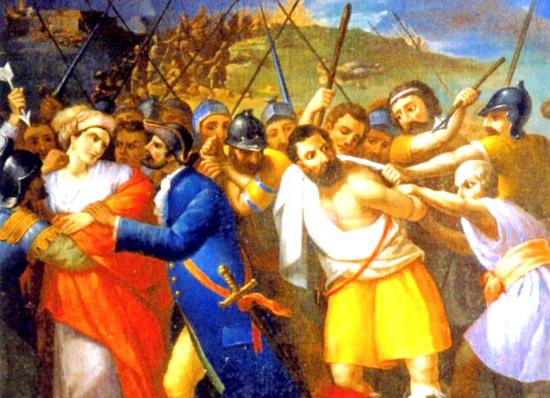 LA CAPTURE DE MARGUERITE ET DOLCINO     <br />
Fresque d’Antonio Cancia de Caprile — 1867   