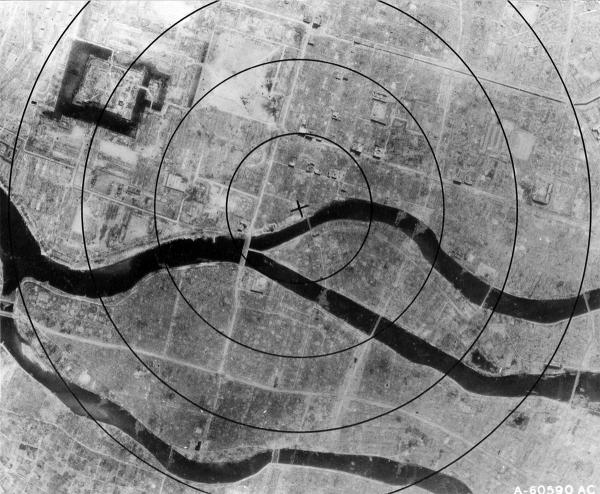 Hiroshima after bombing. Area around ground zero. 1,000-foot circles