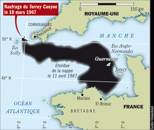 L'estensione della marea nera della Torrey Canyon com'era l'11 aprile 1967.