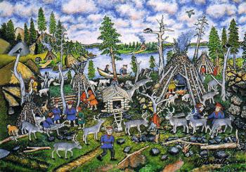 Picture of a Lapp village by Andreas Alariesto (1900 - 1989), native of the ancient Sami community Sompio in central Lappland. In the late 1960s, large parts of Sompio were drowned by the Lokka Reservoir.