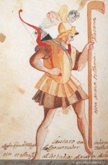 Lautaro in un'immagine spagnola coeva. Il suo nome (Lef-traru, o Law-xaru) significa "Caracara che corre".