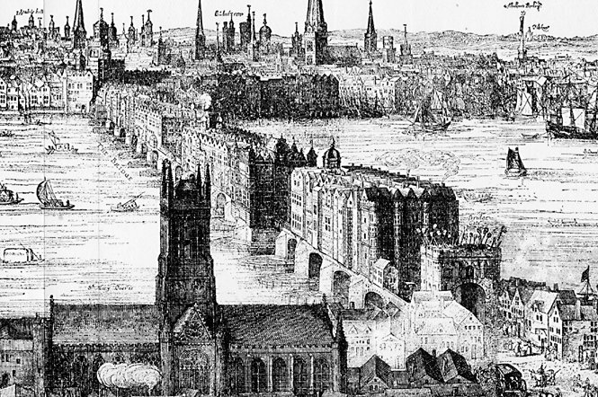Il Ponte di Londra (London Bridge) nel 1616, praticamente immutato dall'epoca medievale (litografia di Claes van Visscher). Andò completamente distrutto nel grande incendio di Londra del settembre 1666; l'attuale London Bridge si trova poche decine di metri più a monte.