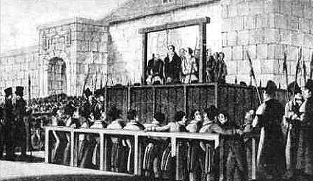8 gennaio 1813: l'impiccagione di tre Luddisti (George Mellor, William Thorpe e Thomas Smith) dopo il processo del 2 gennaio. Il 16 gennaio ne saranno impiccati altri undici.