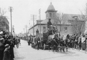 Coffins are marched through Trinidad, Colorado, at the funeral for victims of the Ludlow massacre.